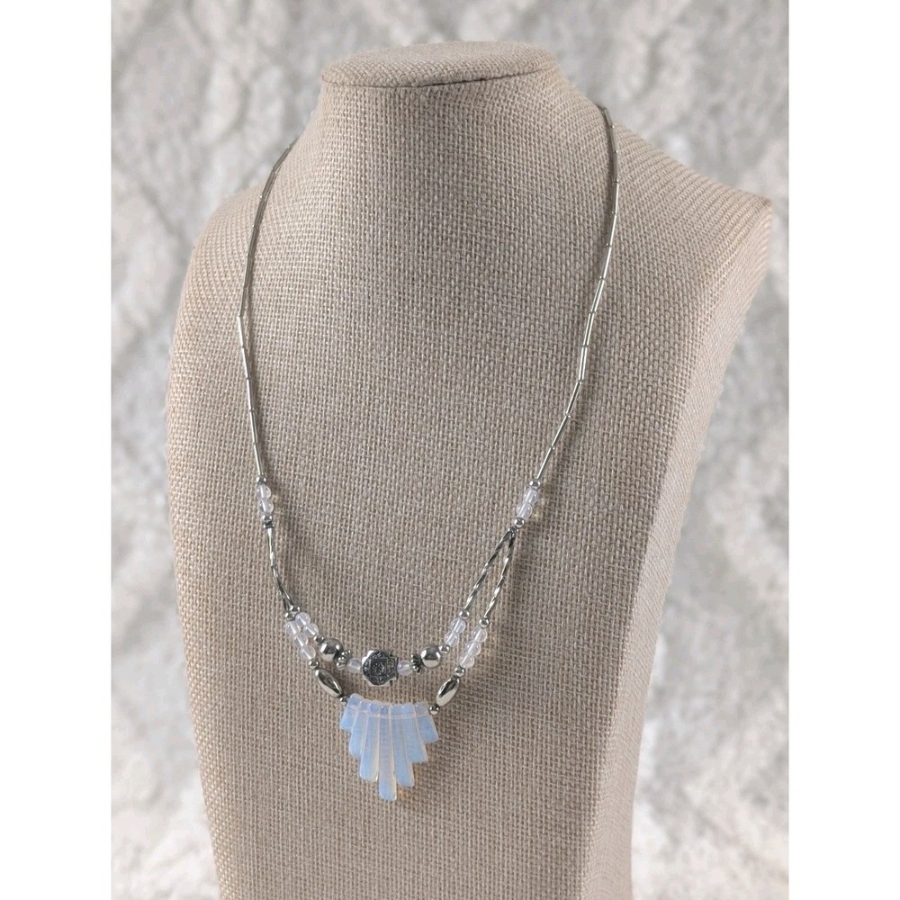 Opalite Glass Fan Fringe Necklace Silver Tone Double Strand 18" Vintage Style